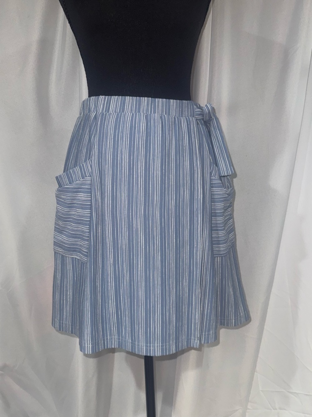 Striped Light Blue Circle Skirt with Front Pockets